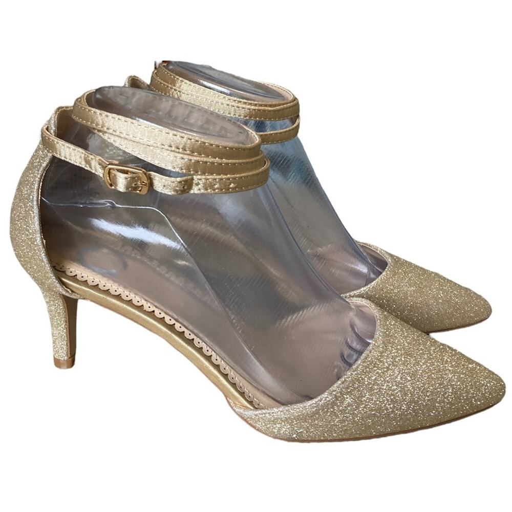 new Journee Luela D'Orsay Gold Glitter Pumps sz US 7 NWOT Kitten Heel Wrap Ankle